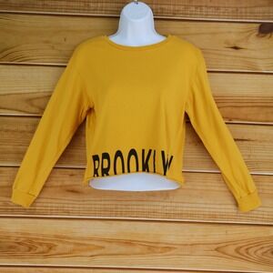 Brooklyn Long Sleeve Cropped Shirt Womens M Yellow Black Graphic Print Crew Neck